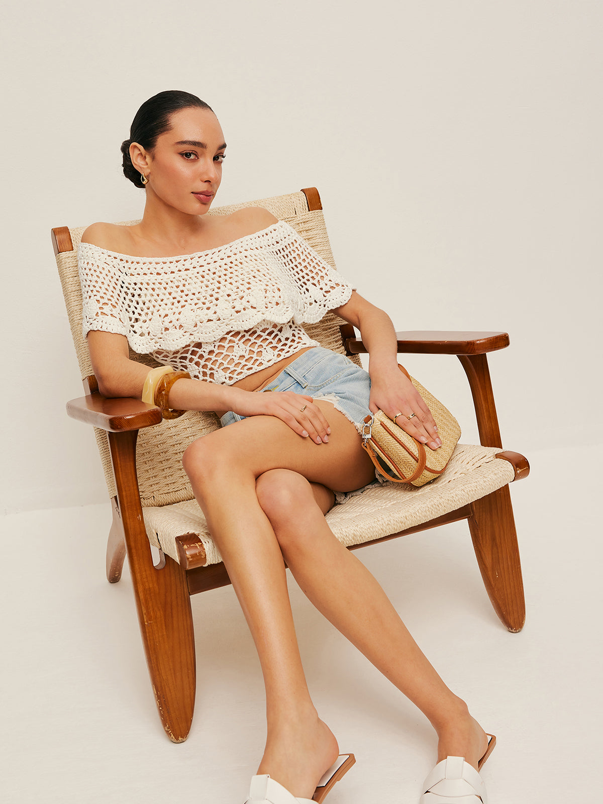 Off-Shoulder Hollow Knit Top-Chicvia