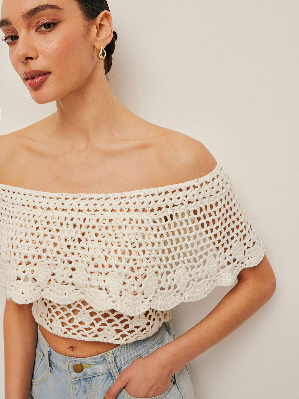 Off-Shoulder Hollow Knit Top-Chicvia
