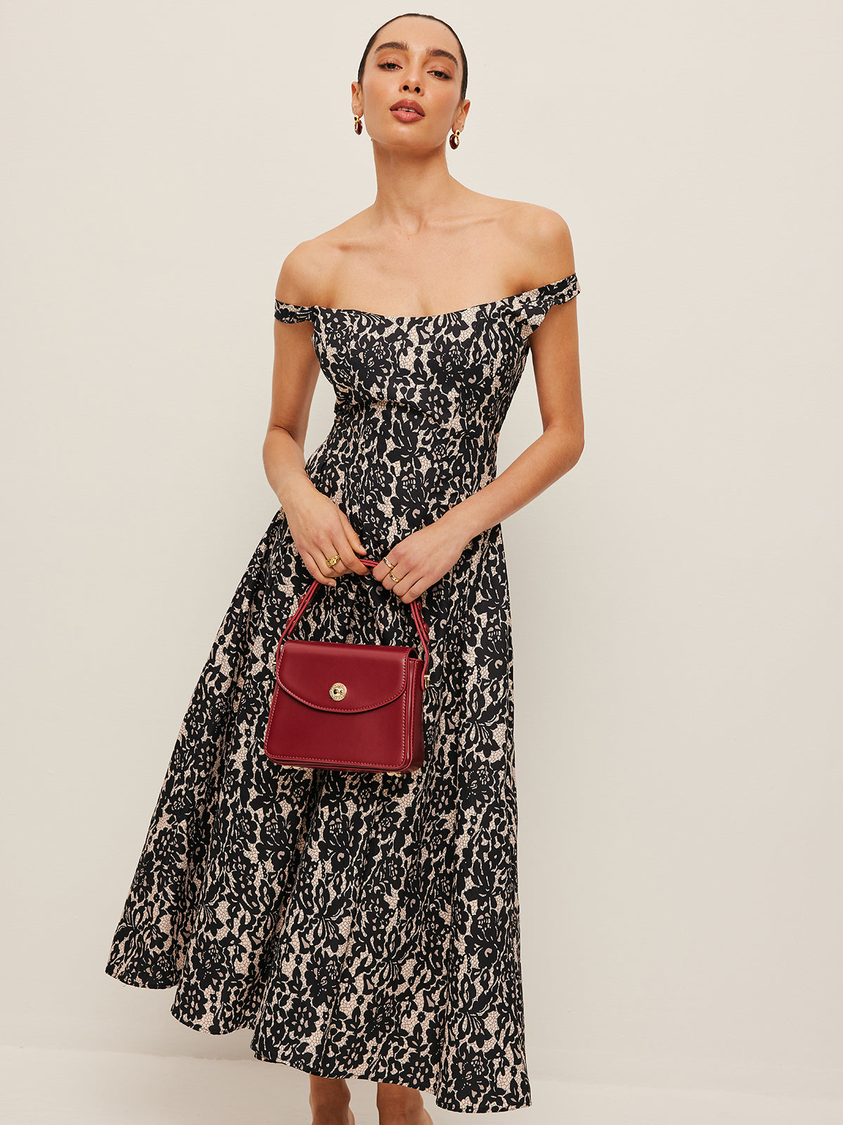 Off-Shoulder Floral Print Dress-Chicvia