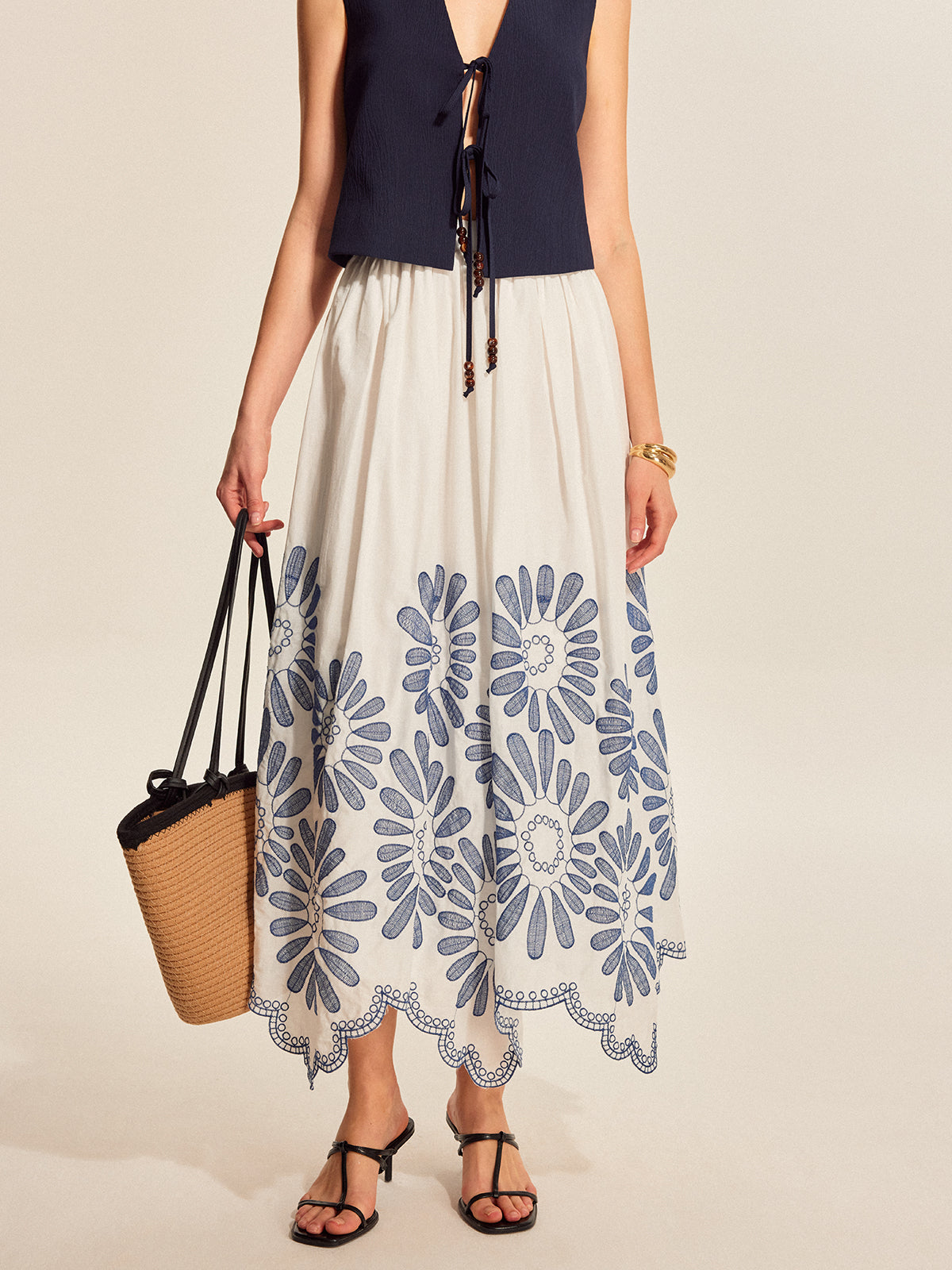 Embroidered Scalloped Hem Skirt-Chicvia