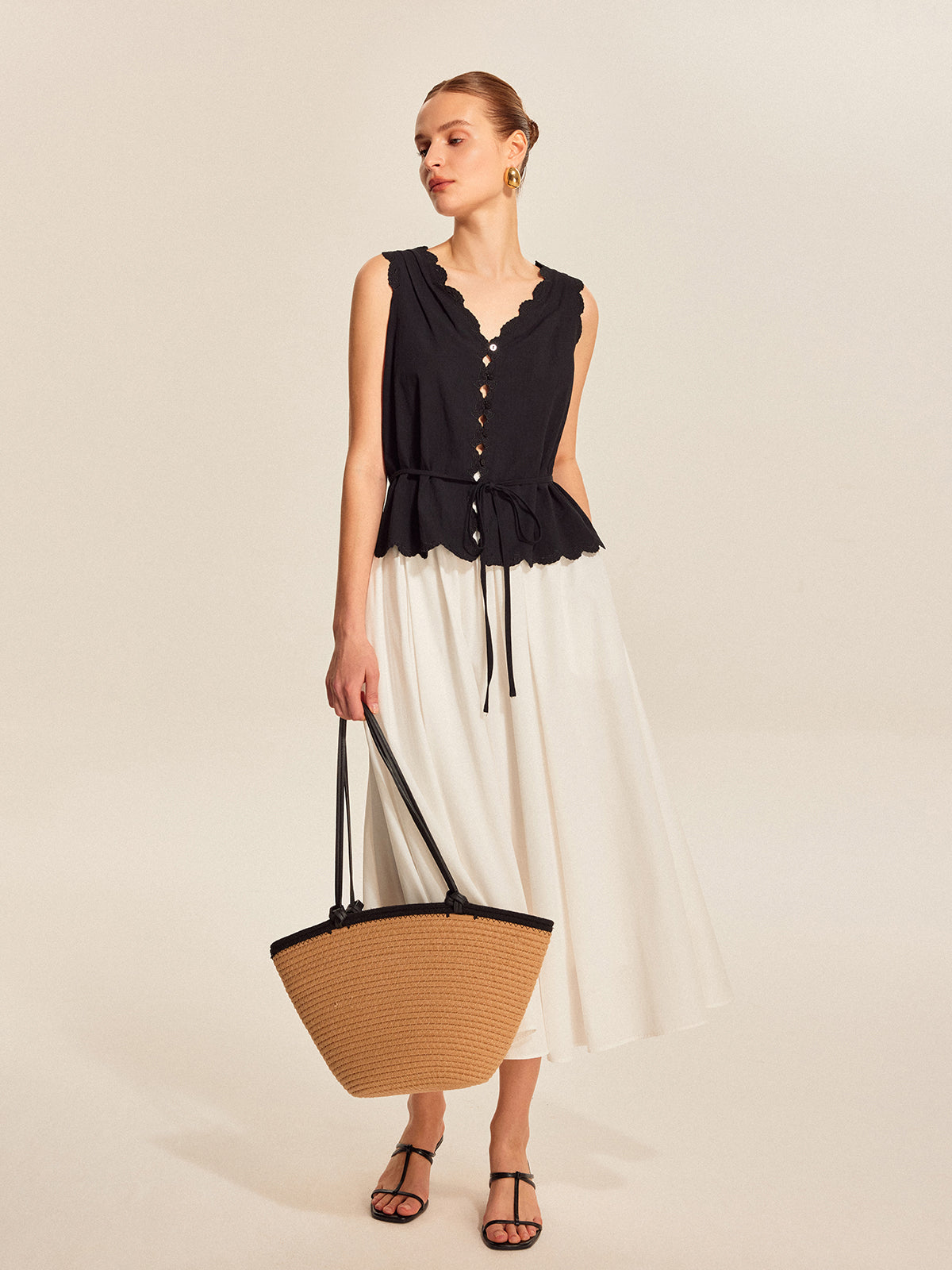 Lace-Trim Scalloped Button-Up Top-Chicvia