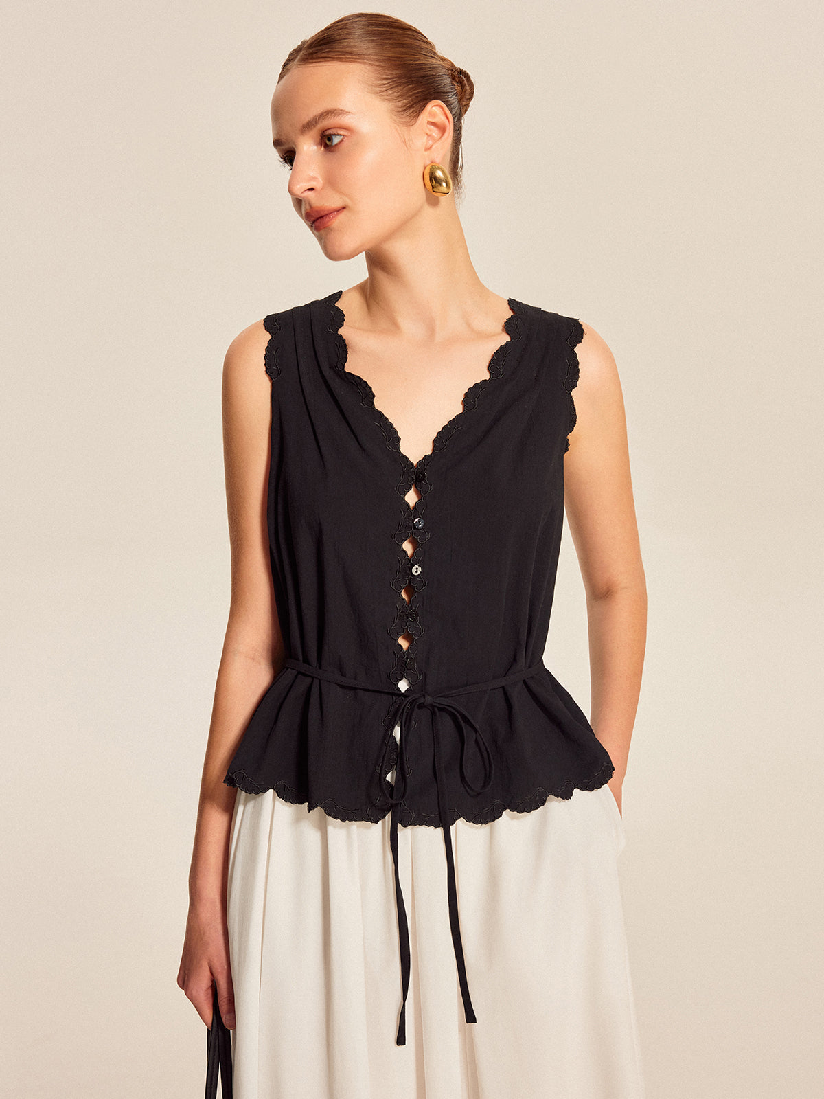 Lace-Trim Scalloped Button-Up Top-Chicvia