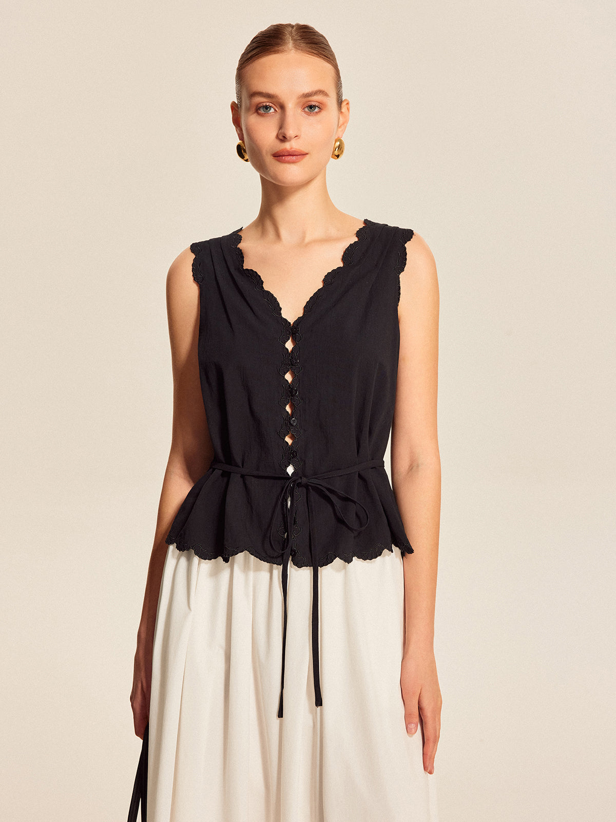 Lace-Trim Scalloped Button-Up Top-Chicvia