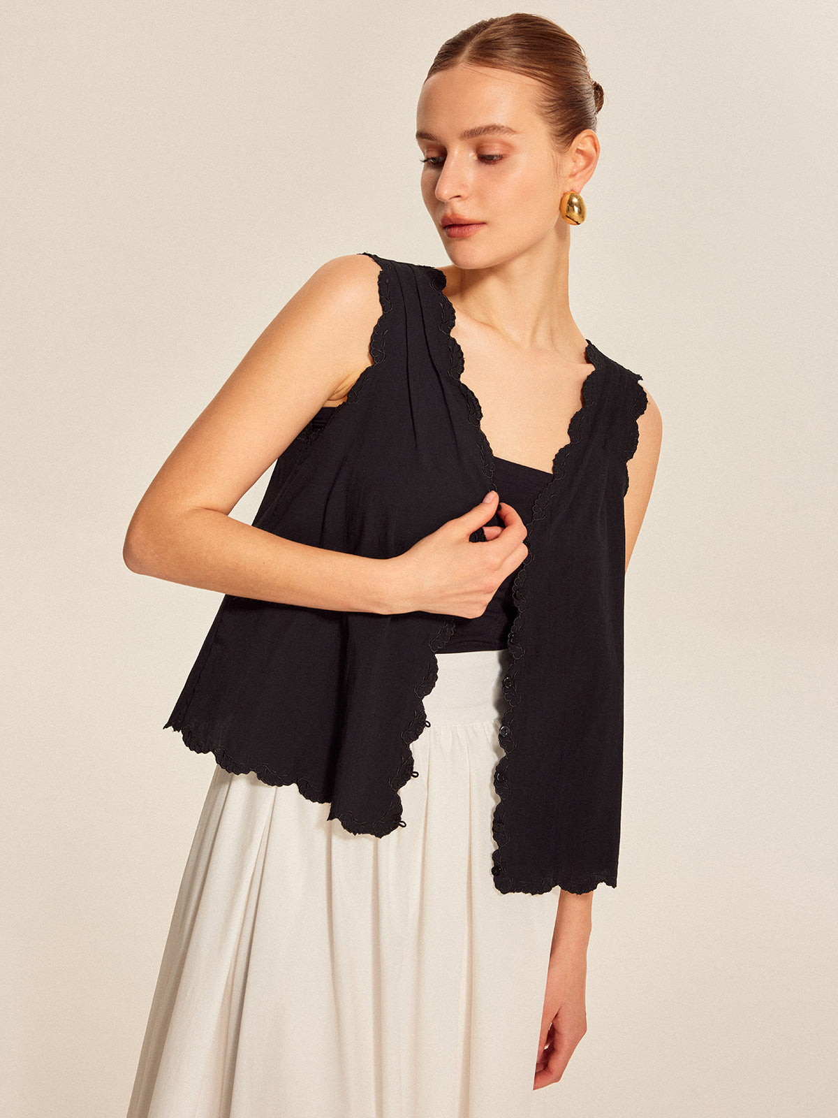 Lace-Trim Scalloped Button-Up Top-Chicvia