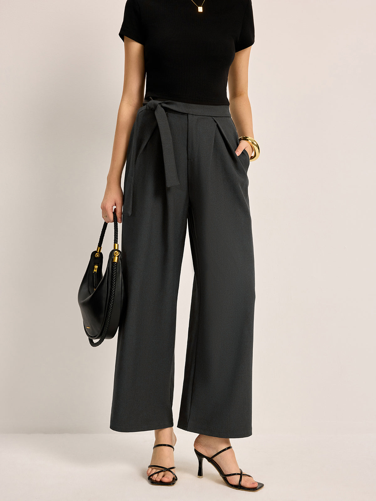 Mid-Waist Tie Belt Pants With Pockets-Chicvia