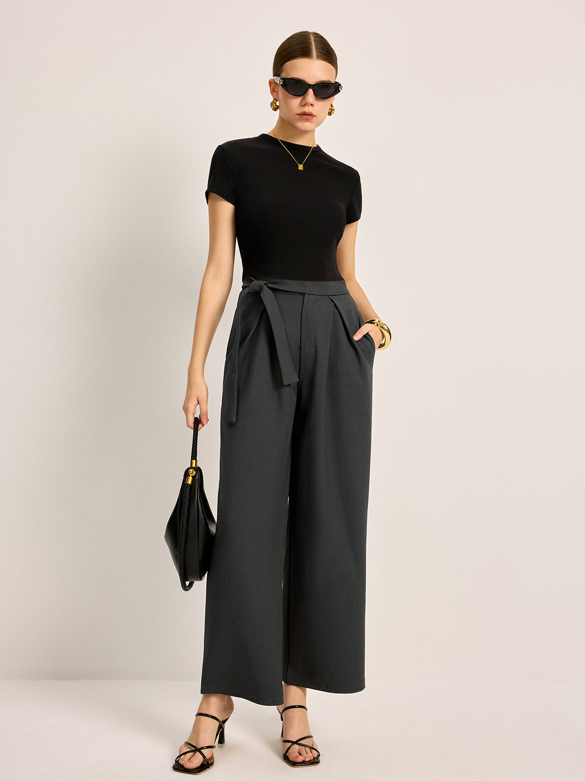 Mid-Waist Tie Belt Pants With Pockets-Chicvia