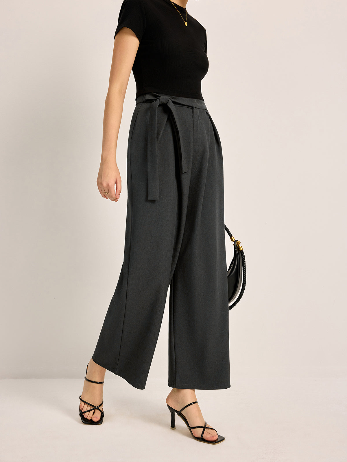 Mid-Waist Tie Belt Pants With Pockets-Chicvia