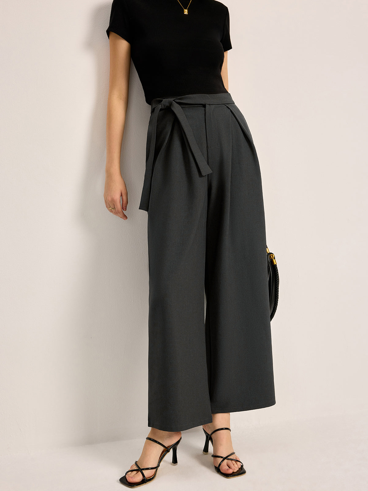 Mid-Waist Tie Belt Pants With Pockets-Chicvia