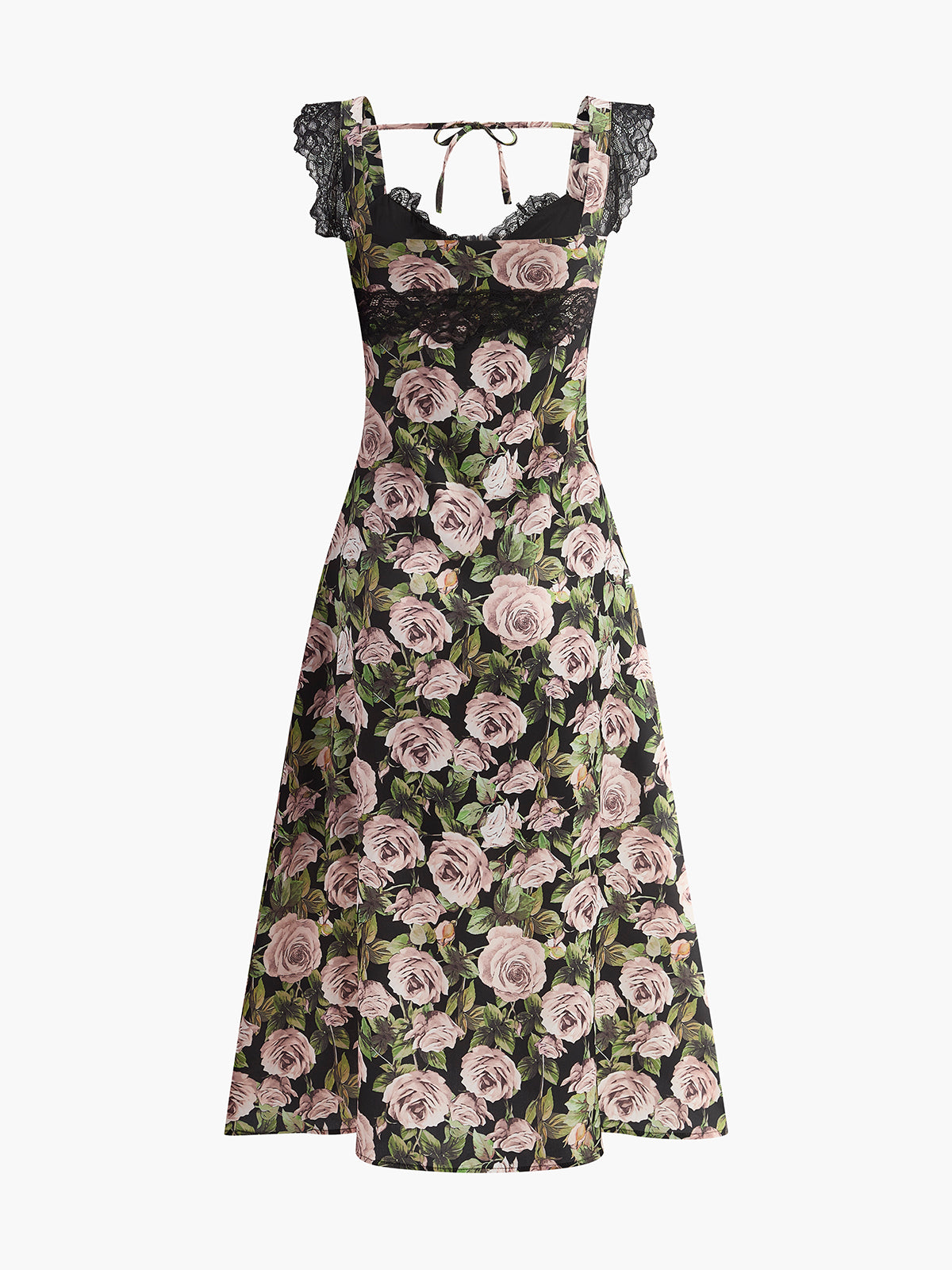 Floral Lace-Trim Tie-Back Dress-Chicvia