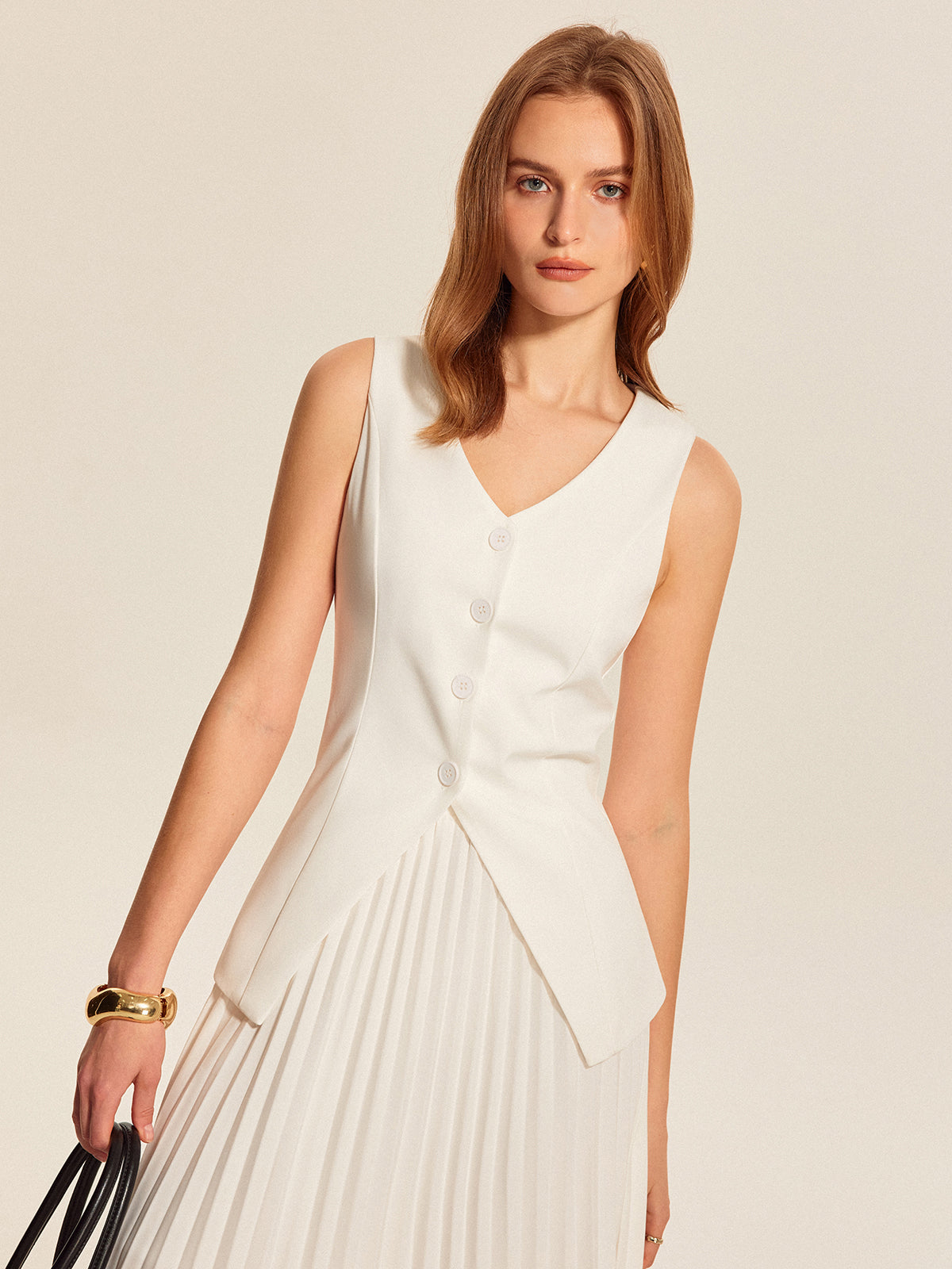 Buttoned Vest Pleated Skirt Set-Chicvia