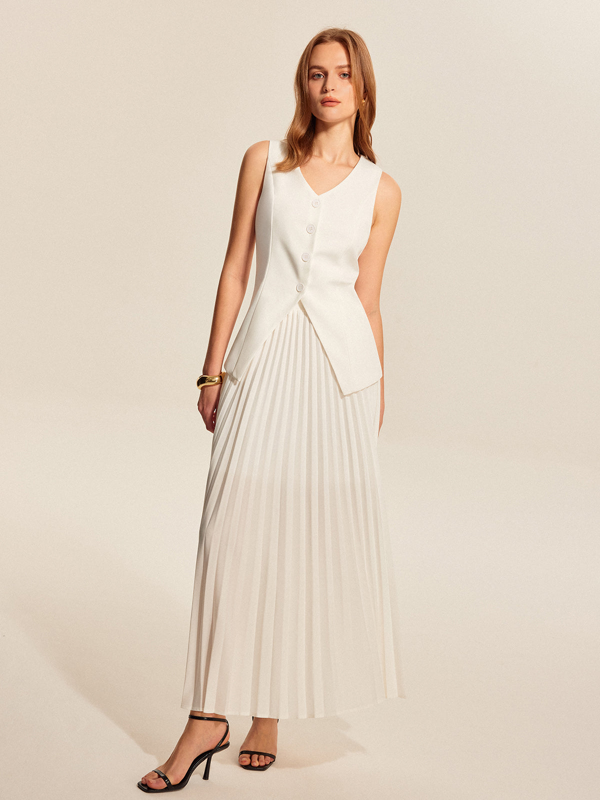 Buttoned Vest Pleated Skirt Set-Chicvia