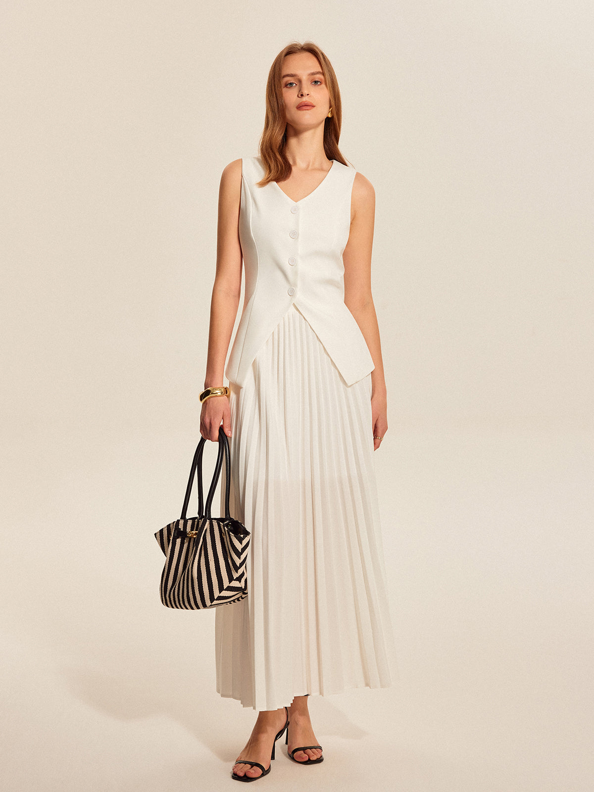 Buttoned Vest Pleated Skirt Set-Chicvia