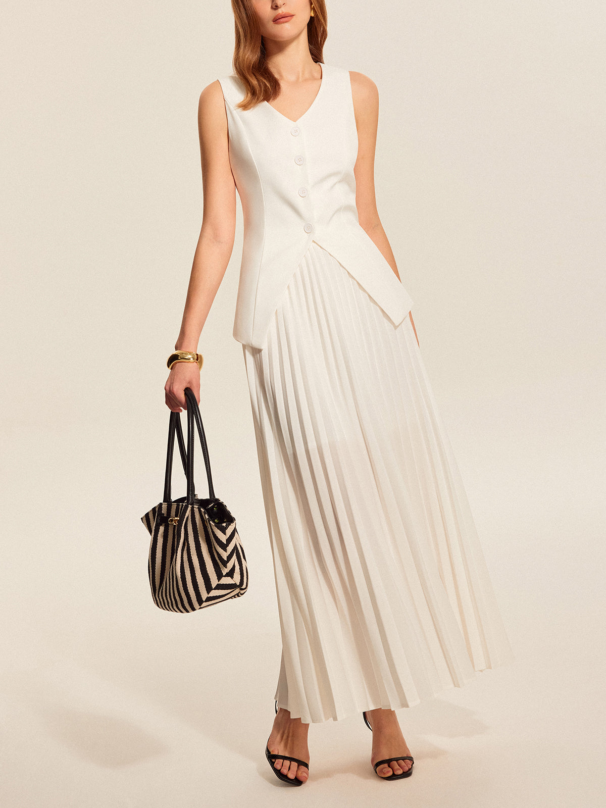 Buttoned Vest Pleated Skirt Set-Chicvia