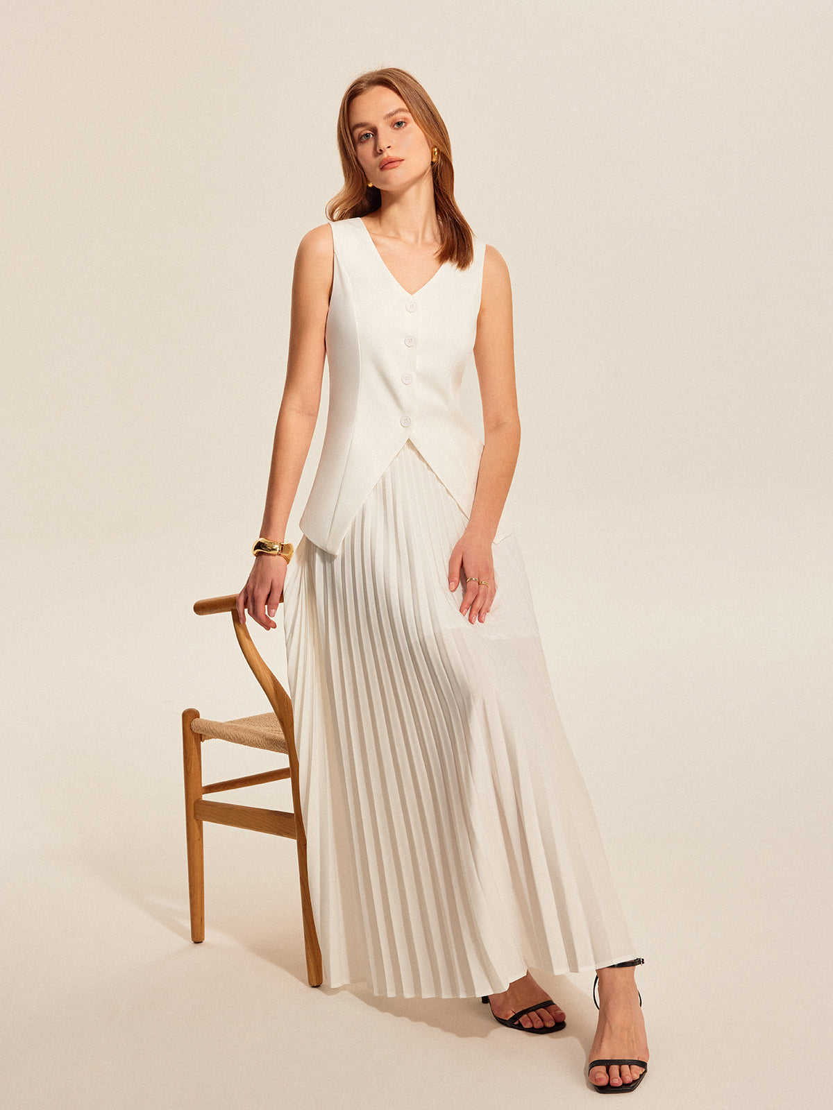 Buttoned Vest Pleated Skirt Set-Chicvia