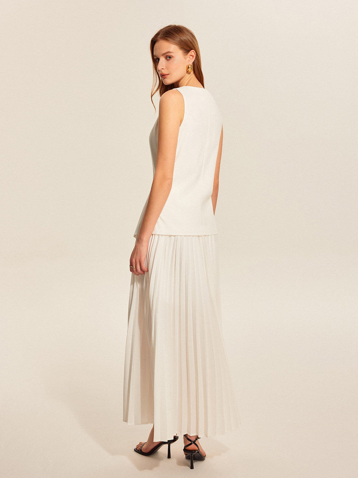 Buttoned Vest Pleated Skirt Set-Chicvia