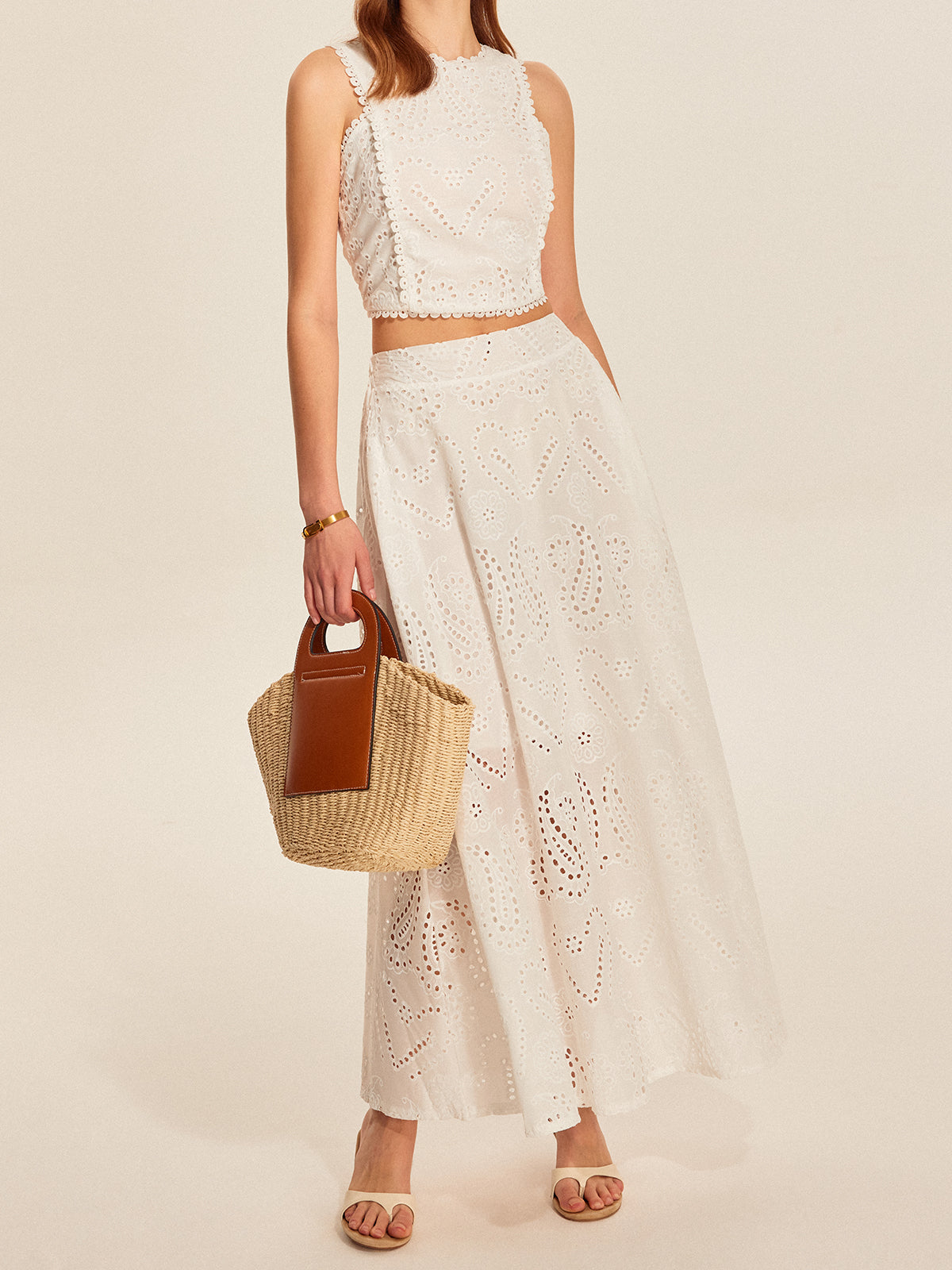 Eyelet Lace Crop Top Skirt Set-Chicvia