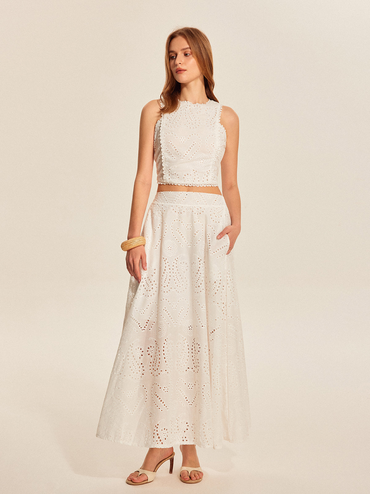 Eyelet Lace Crop Top Skirt Set-Chicvia