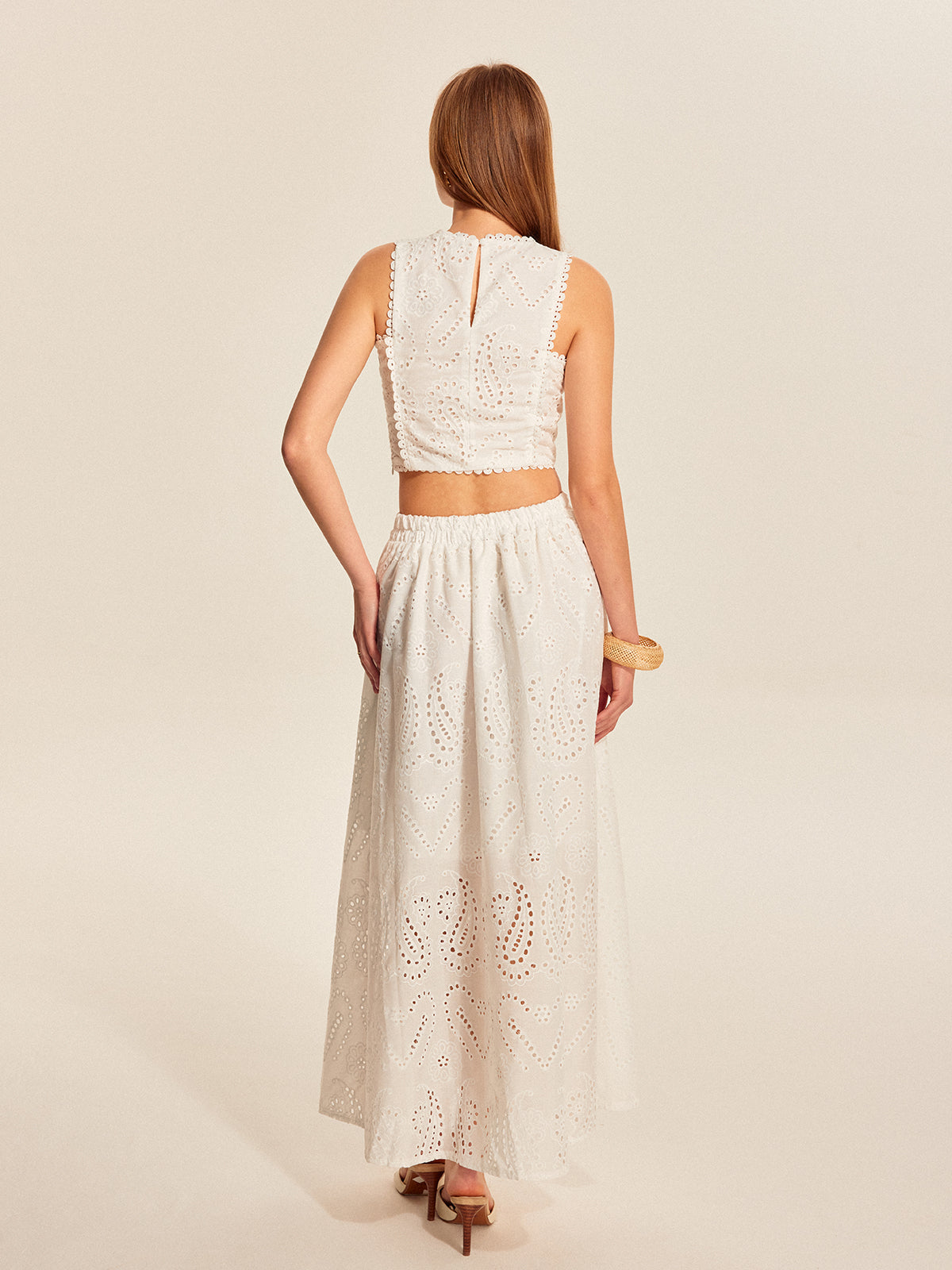 Eyelet Lace Crop Top Skirt Set-Chicvia