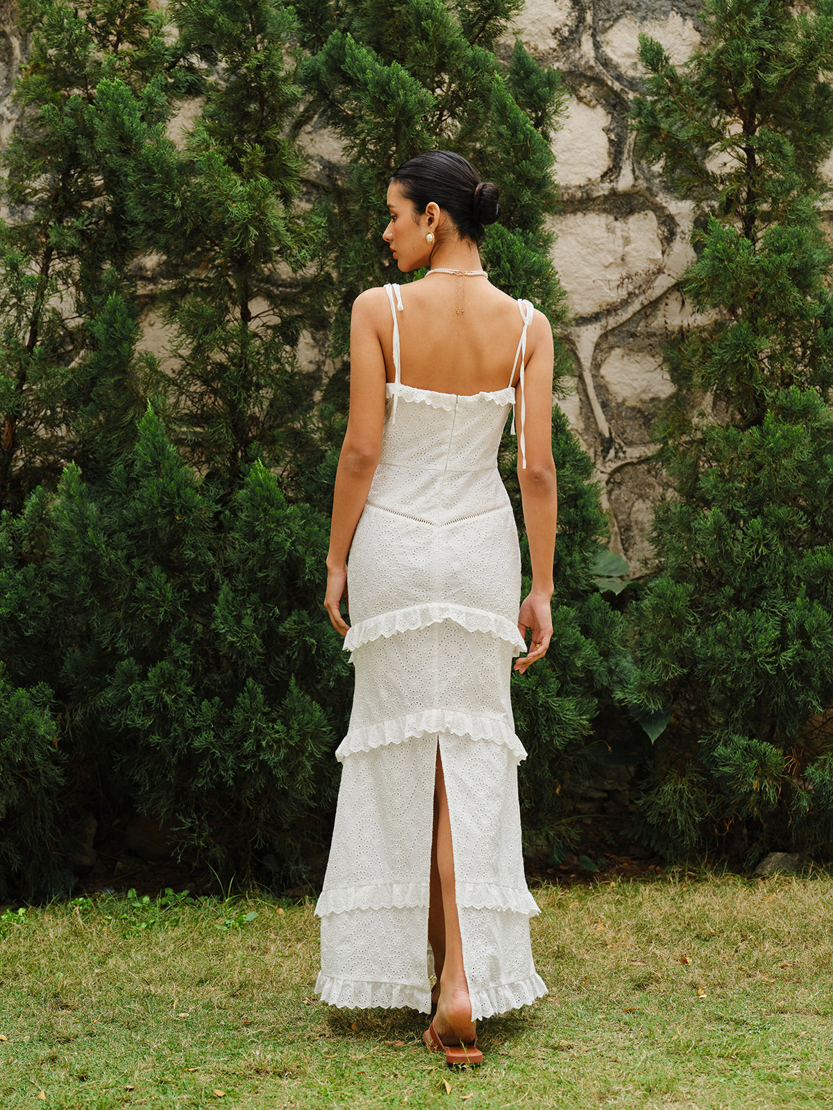 Lace-Up Tie Strap Ruffled Slit Dress-Chicvia