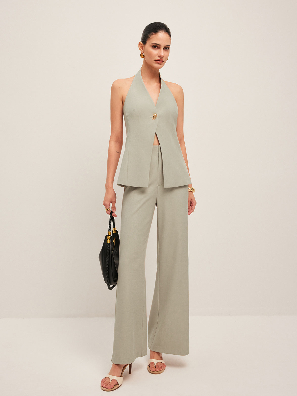 Halter Neck Metal Button Detail Backless Vest-Chicvia