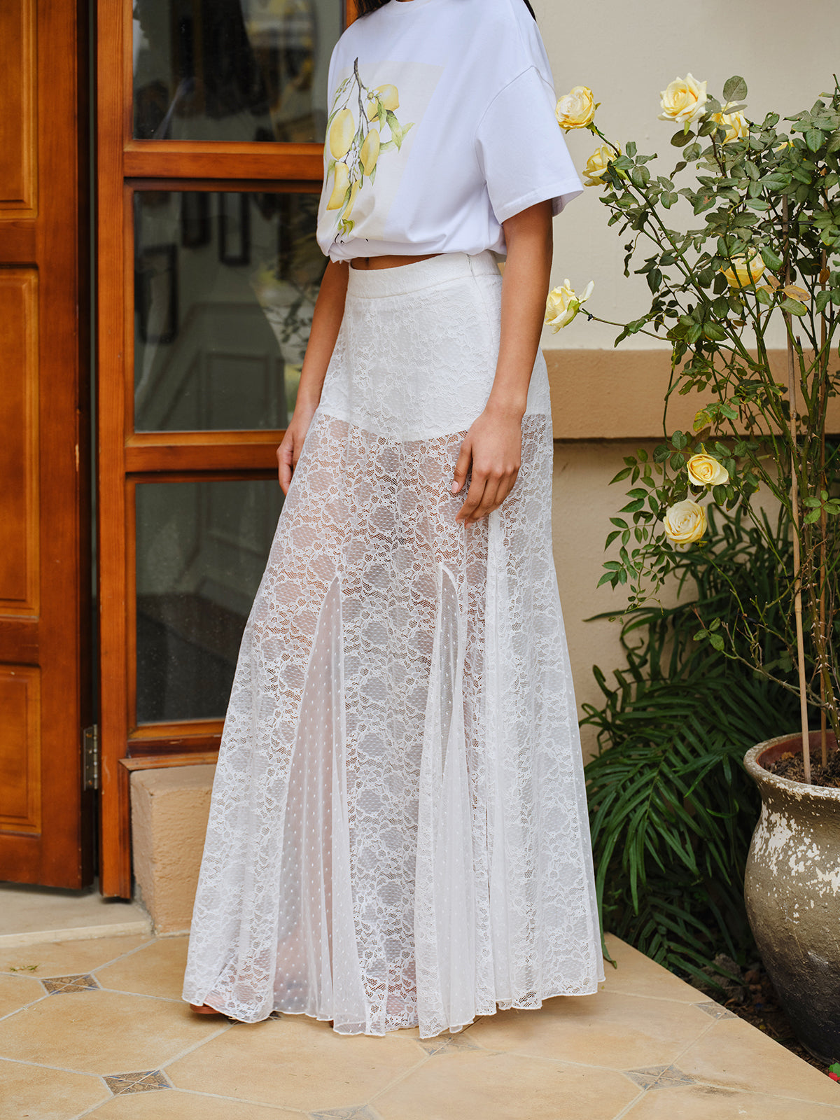 Mid-Waist Semi-Sheer Lace Skirt-Chicvia