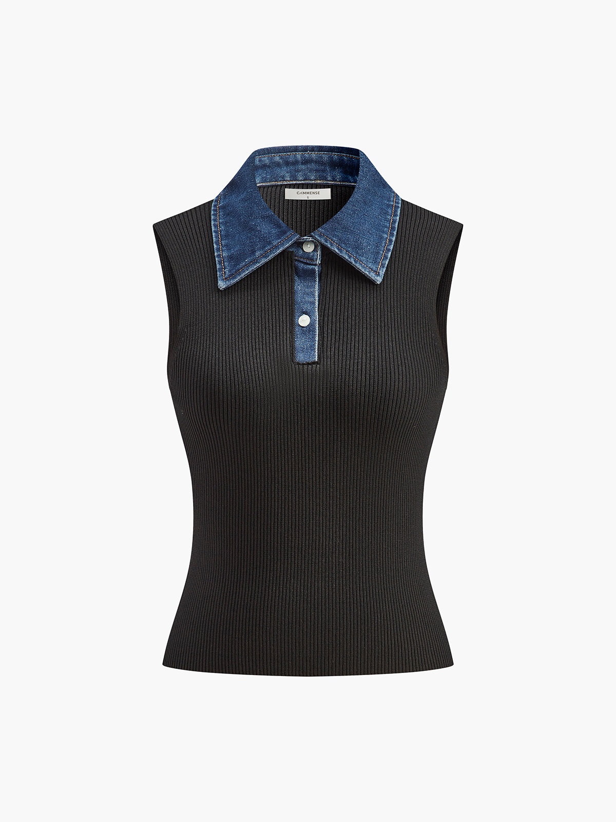 Denim Collar Ribbed Sleeveless Top-Chicvia