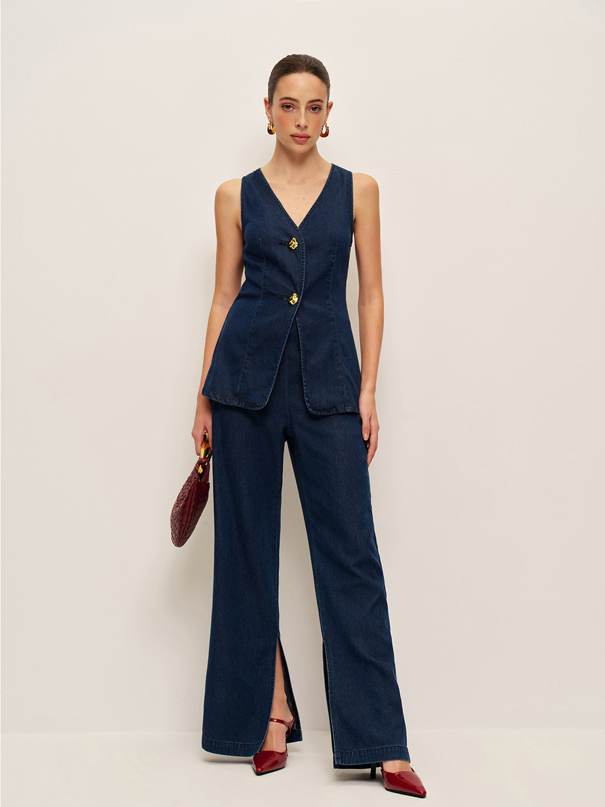 Front-Slit High-Waisted Denim Pants-Chicvia