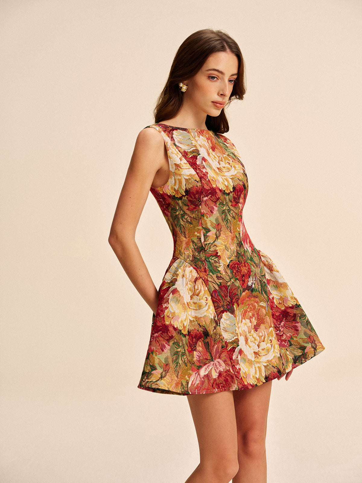 Floral Backless Flare Dress-Chicvia