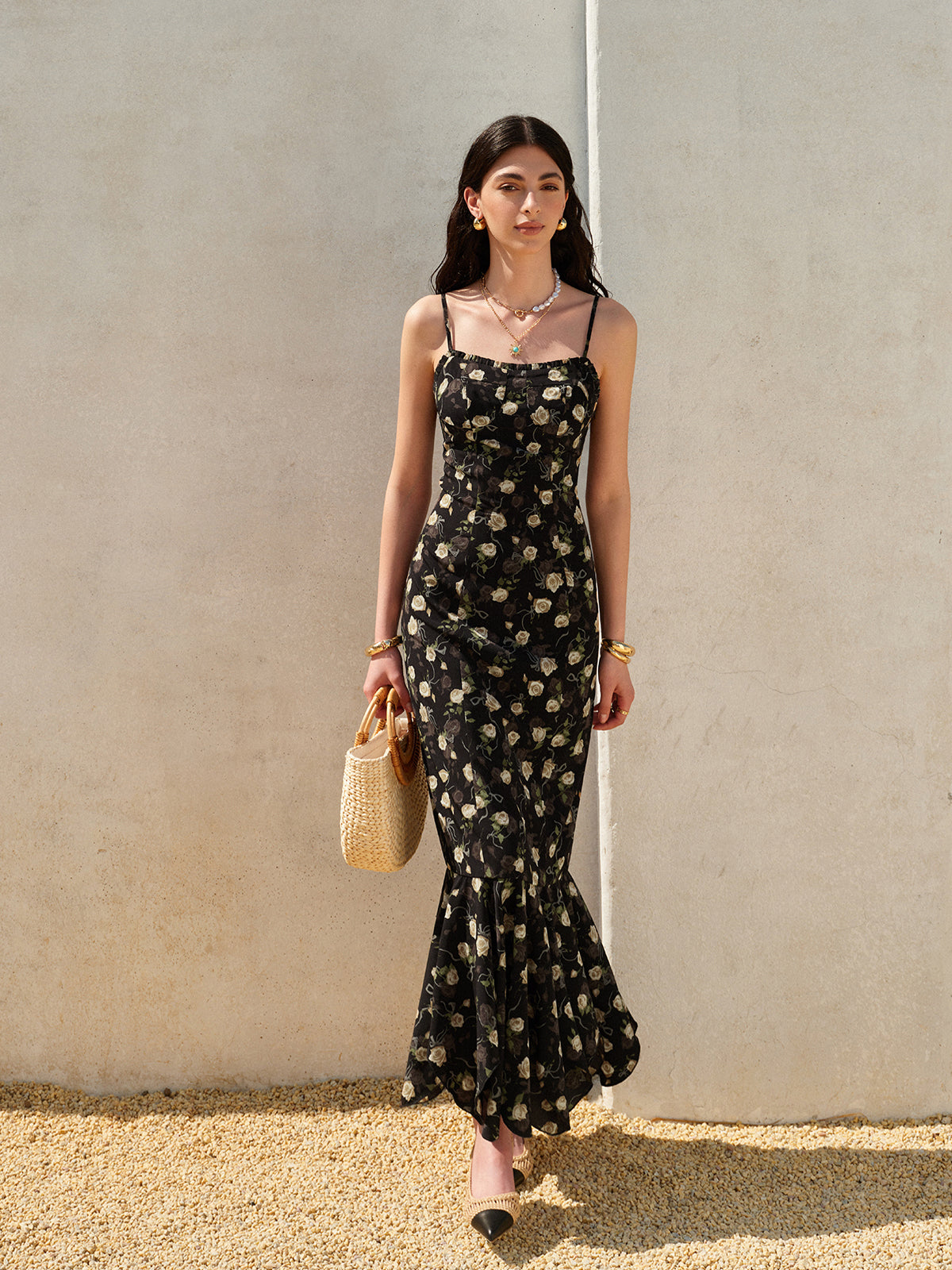 Floral Ruffle Hem Dress-Chicvia