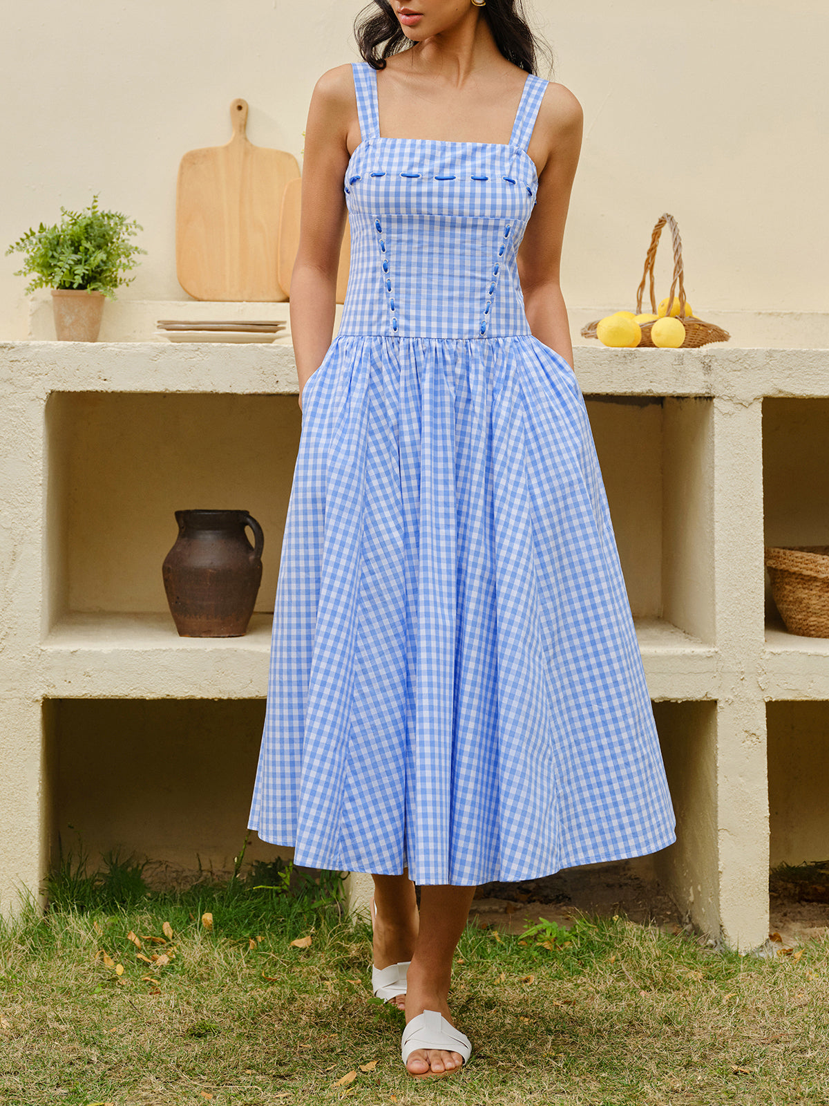 Lace-Up Checkerboard Corset Dress-Chicvia