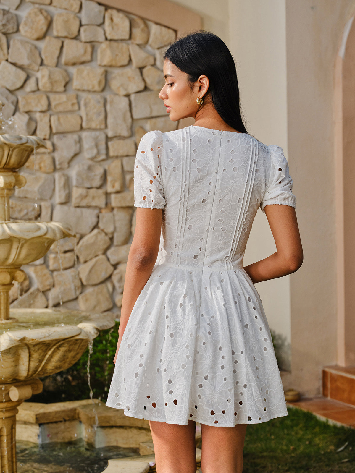 Cotton Eyelet Puff Sleeve Dress-Chicvia