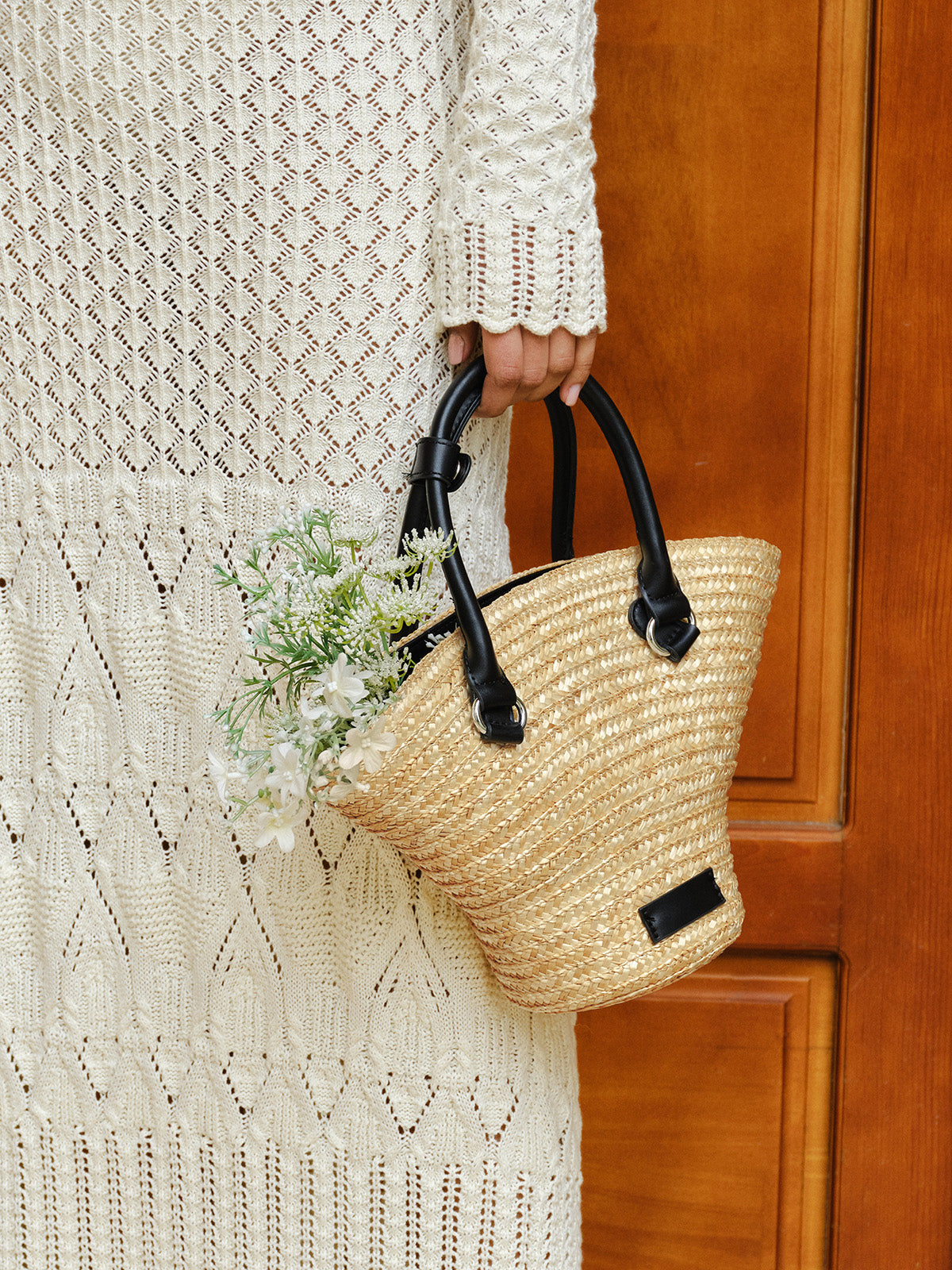 Leather Handles Straw Tote Bag-Chicvia