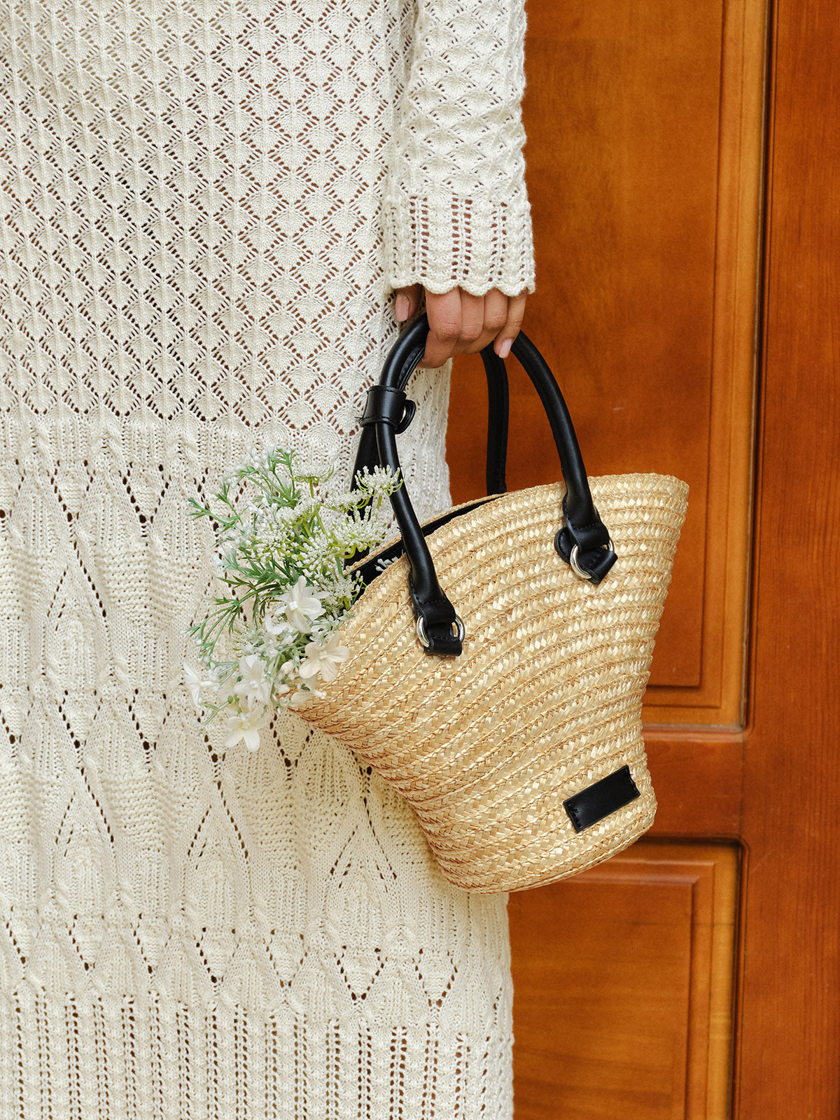 Leather Handles Straw Tote Bag-Chicvia