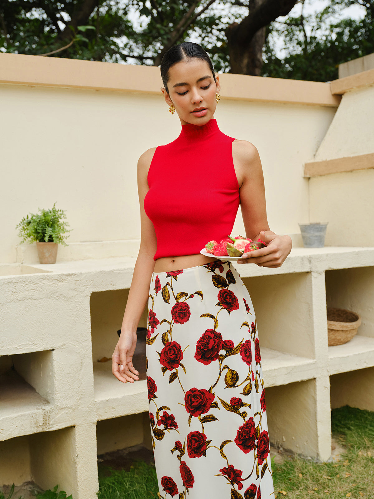 Floral Print High-Waist Skirt-Chicvia