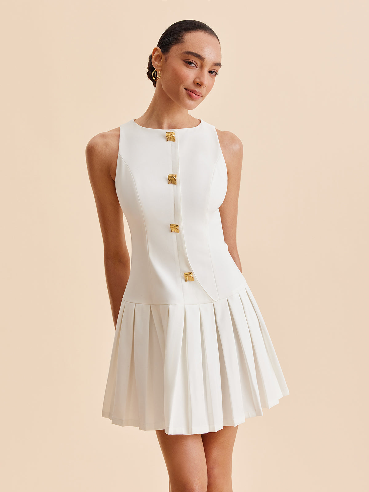 Metal-Button Pleated Tank Dress-Chicvia