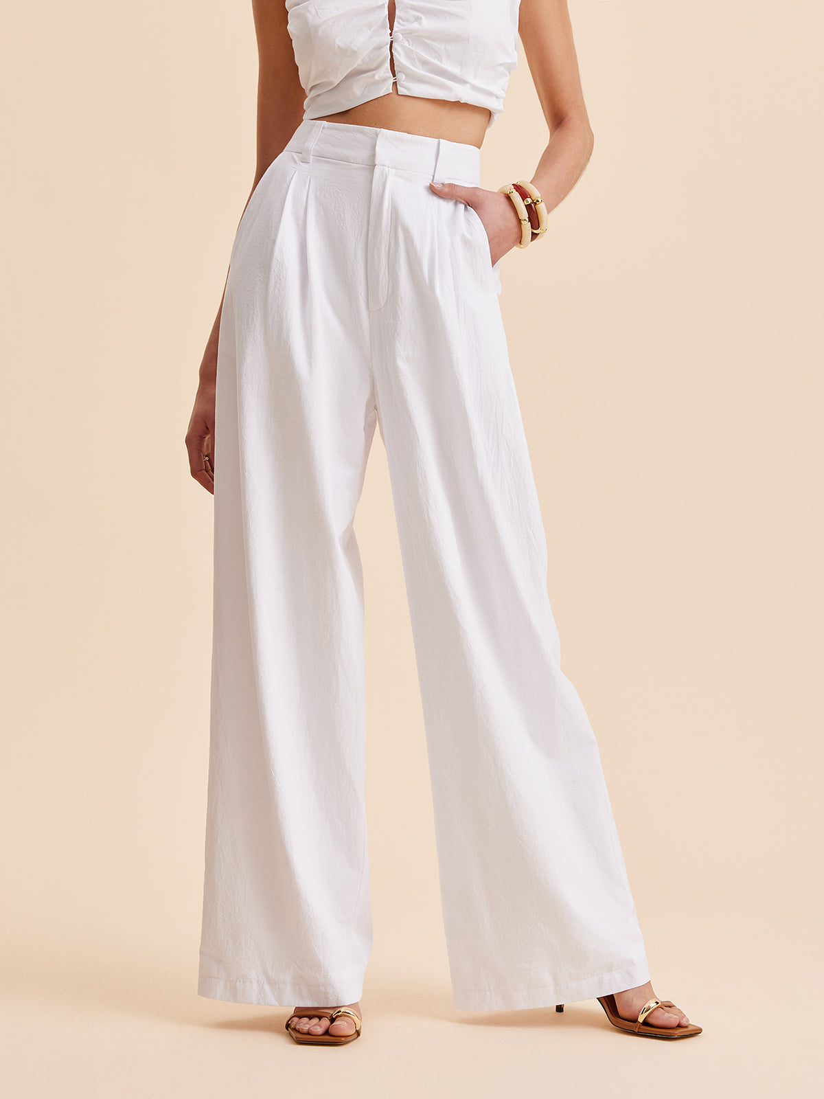 Cotton Mid-Waist Wide-Leg Pants With Pockets-Chicvia
