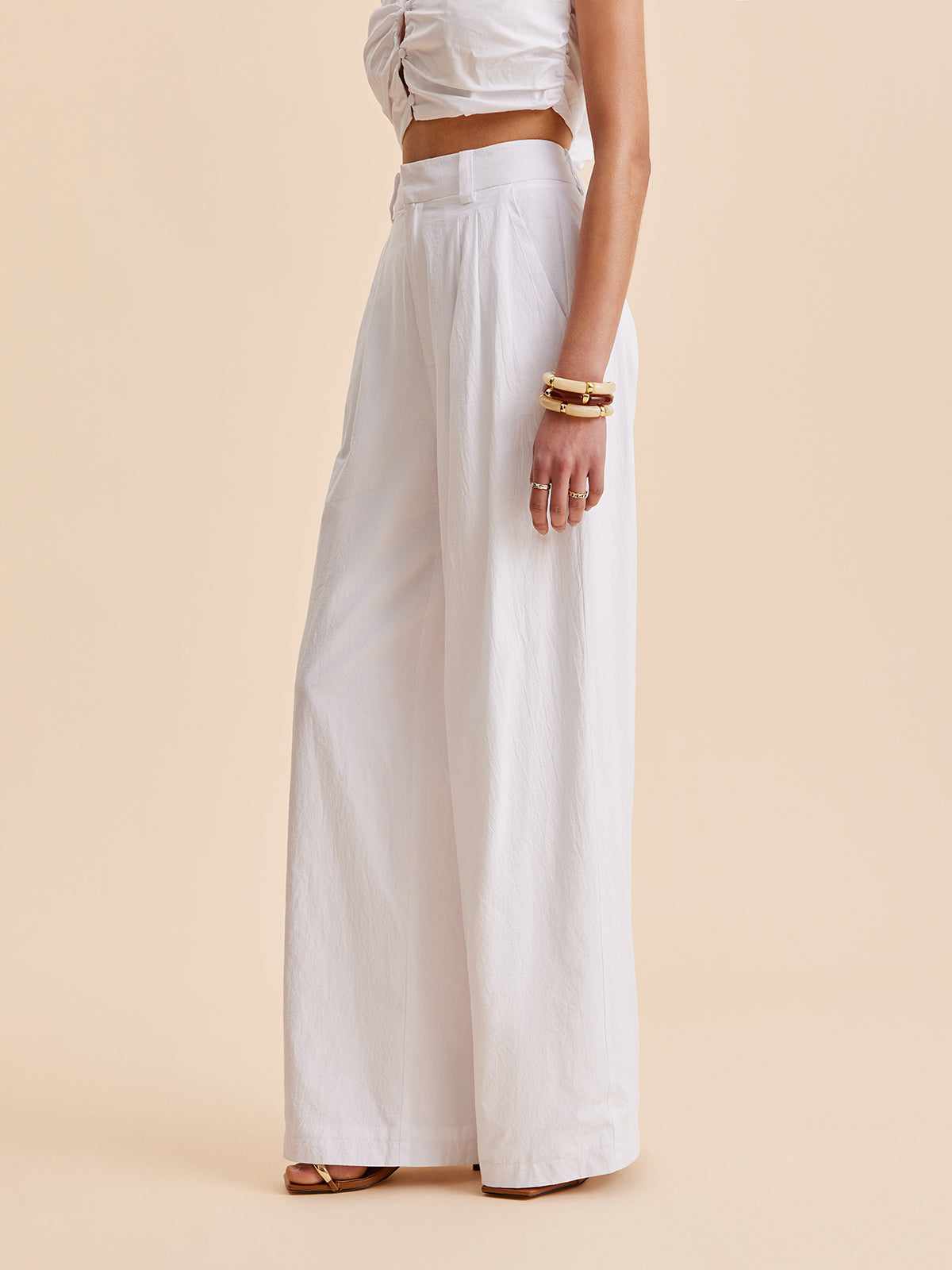 Cotton Mid-Waist Wide-Leg Pants With Pockets-Chicvia