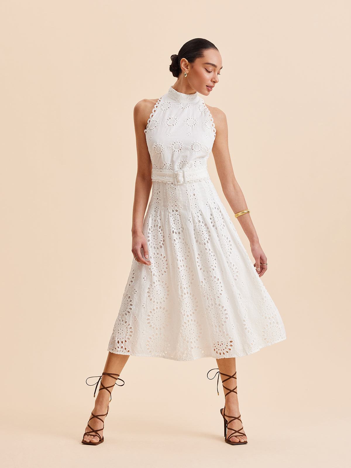 Lace Eyelet Belted A-Line Dress-Chicvia