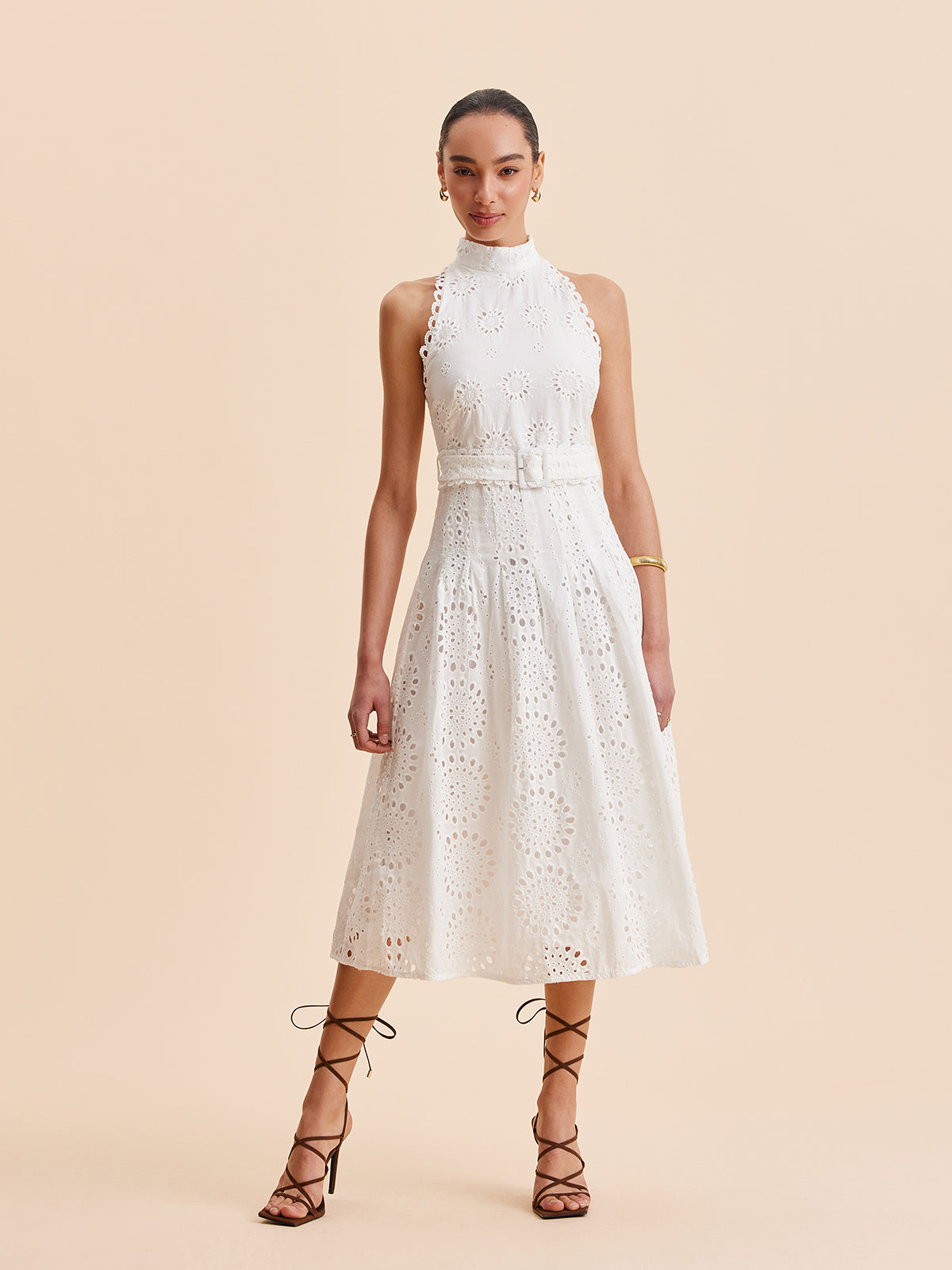 Lace Eyelet Belted A-Line Dress-Chicvia