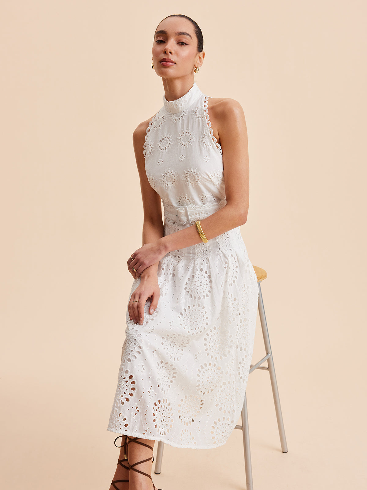 Lace Eyelet Belted A-Line Dress-Chicvia