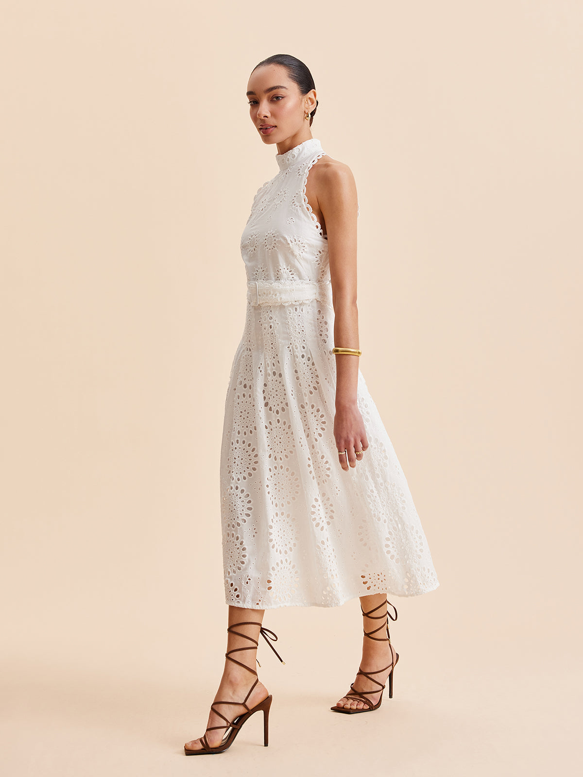 Lace Eyelet Belted A-Line Dress-Chicvia