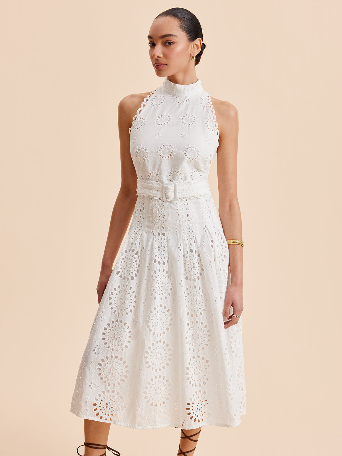 Lace Eyelet Belted A-Line Dress-Chicvia