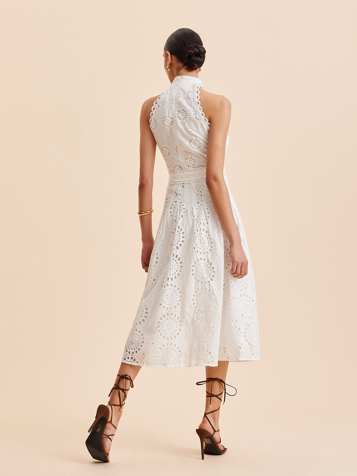 Lace Eyelet Belted A-Line Dress-Chicvia