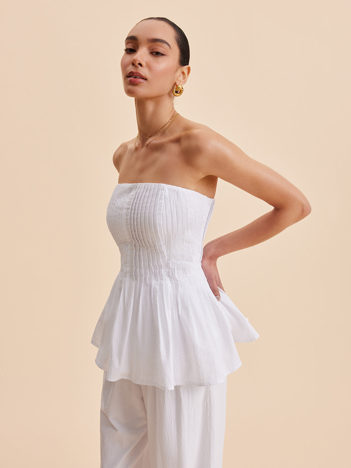 Cotton Pleated Strapless Peplum Top-Chicvia
