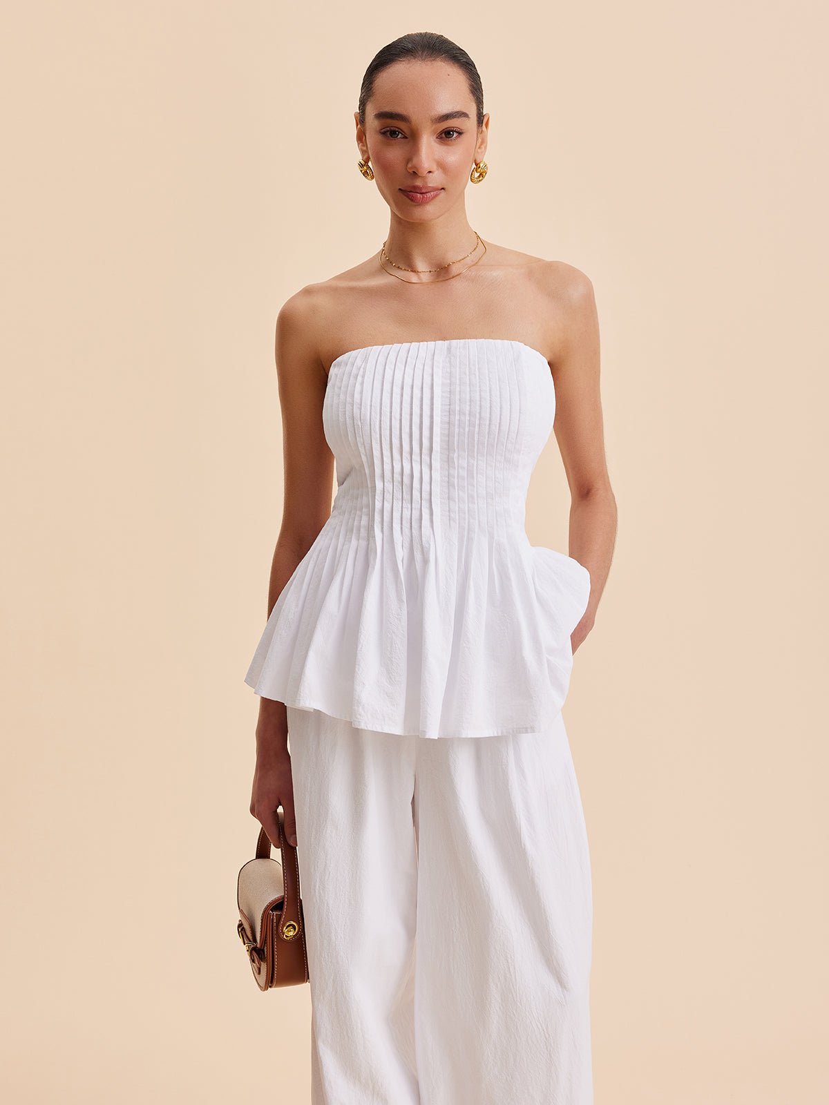 Cotton Pleated Strapless Peplum Top-Chicvia