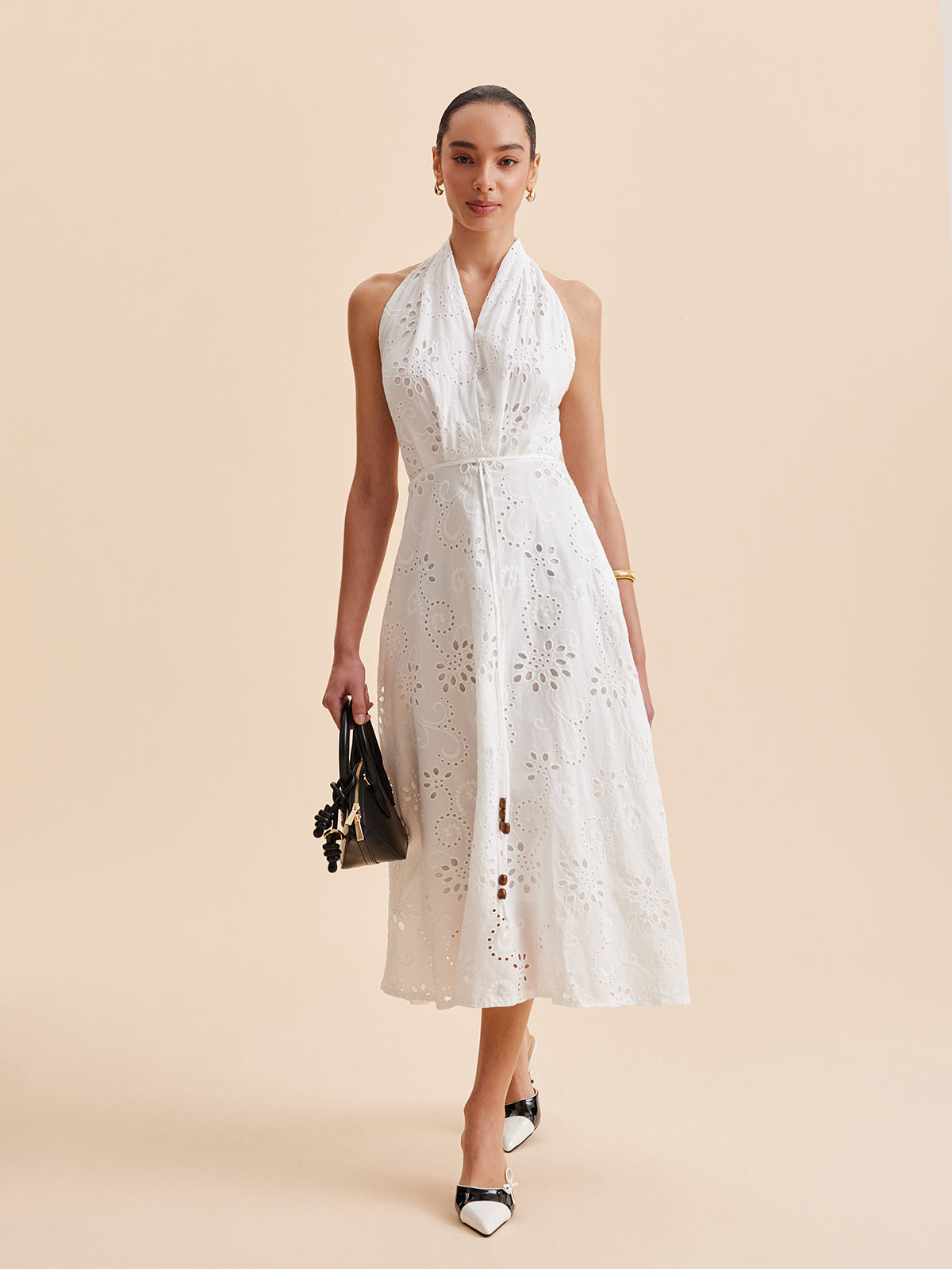Halter Neck Eyelet Belted Midi Dress-Chicvia