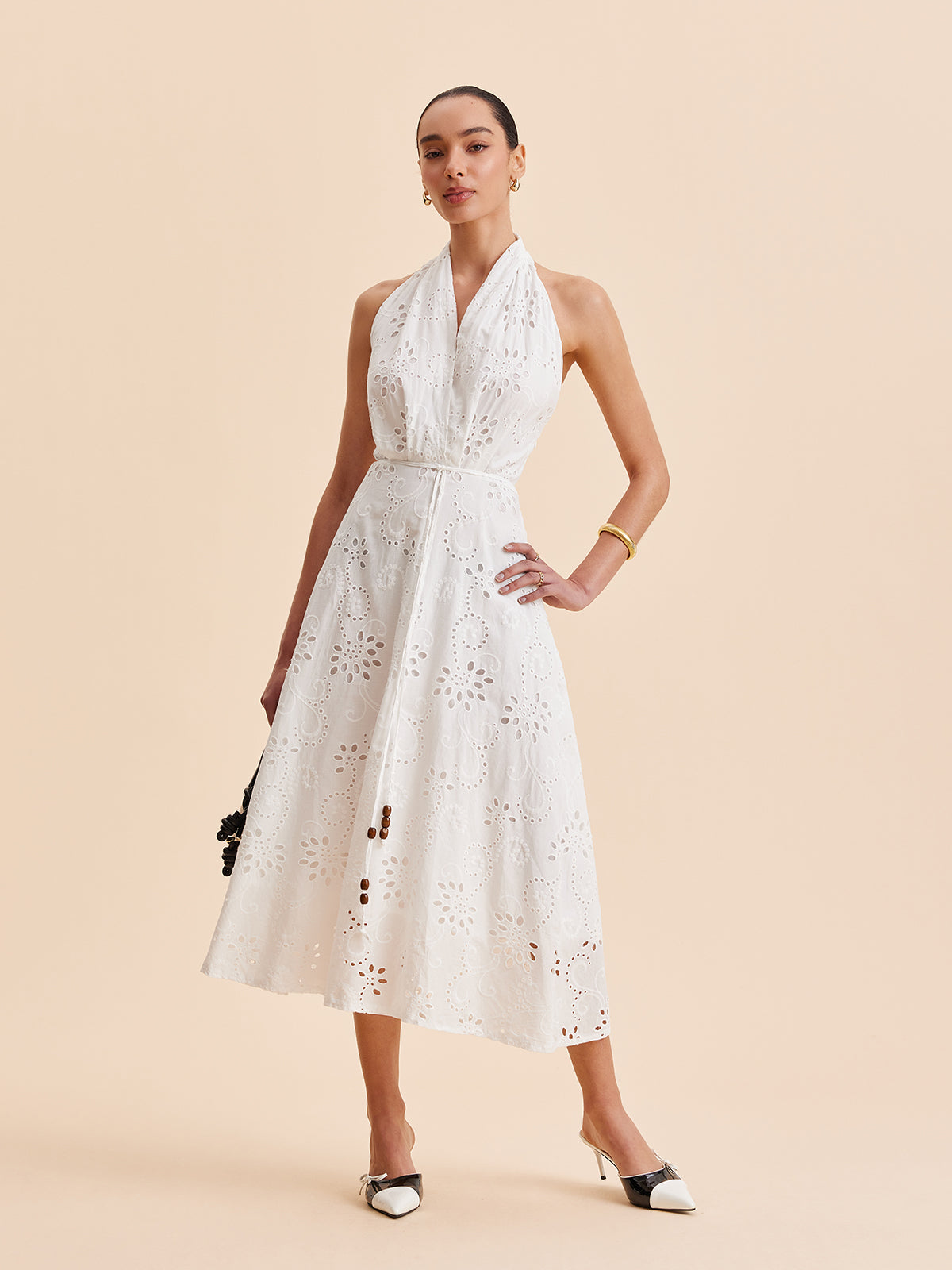 Halter Neck Eyelet Belted Midi Dress-Chicvia