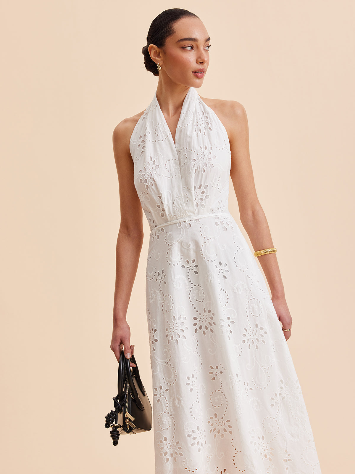 Halter Neck Eyelet Belted Midi Dress-Chicvia