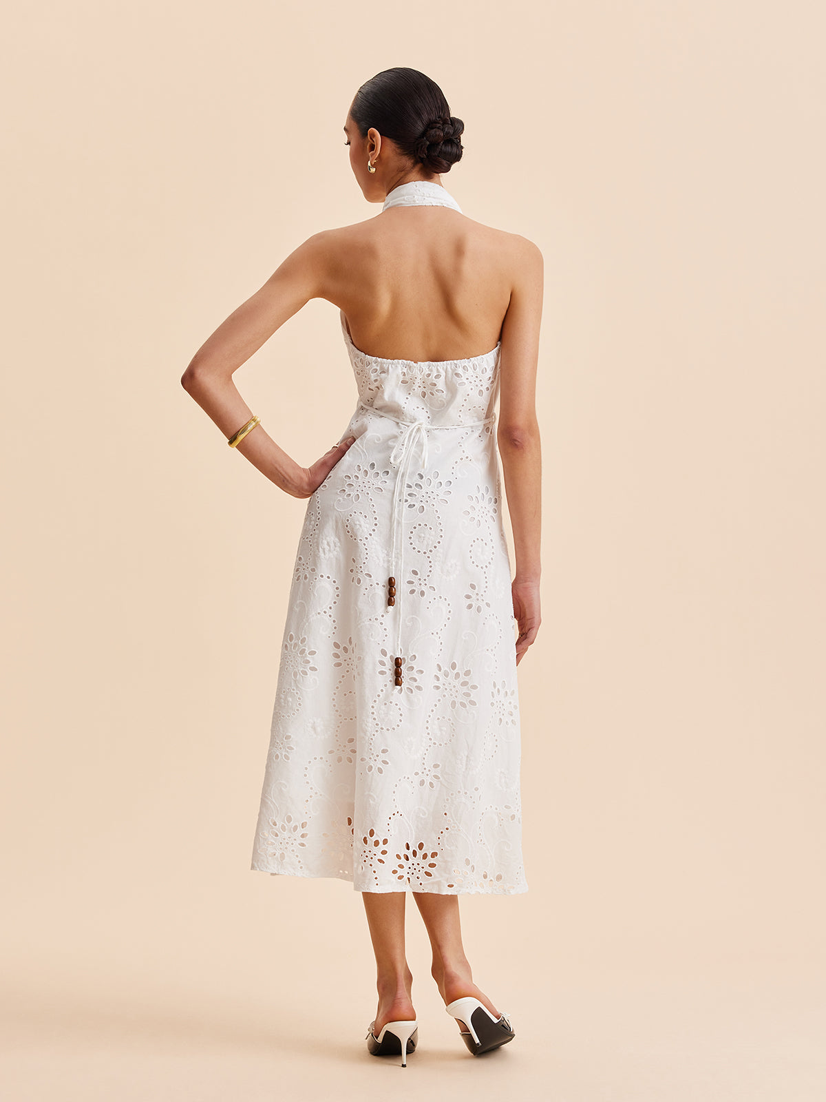 Halter Neck Eyelet Belted Midi Dress-Chicvia