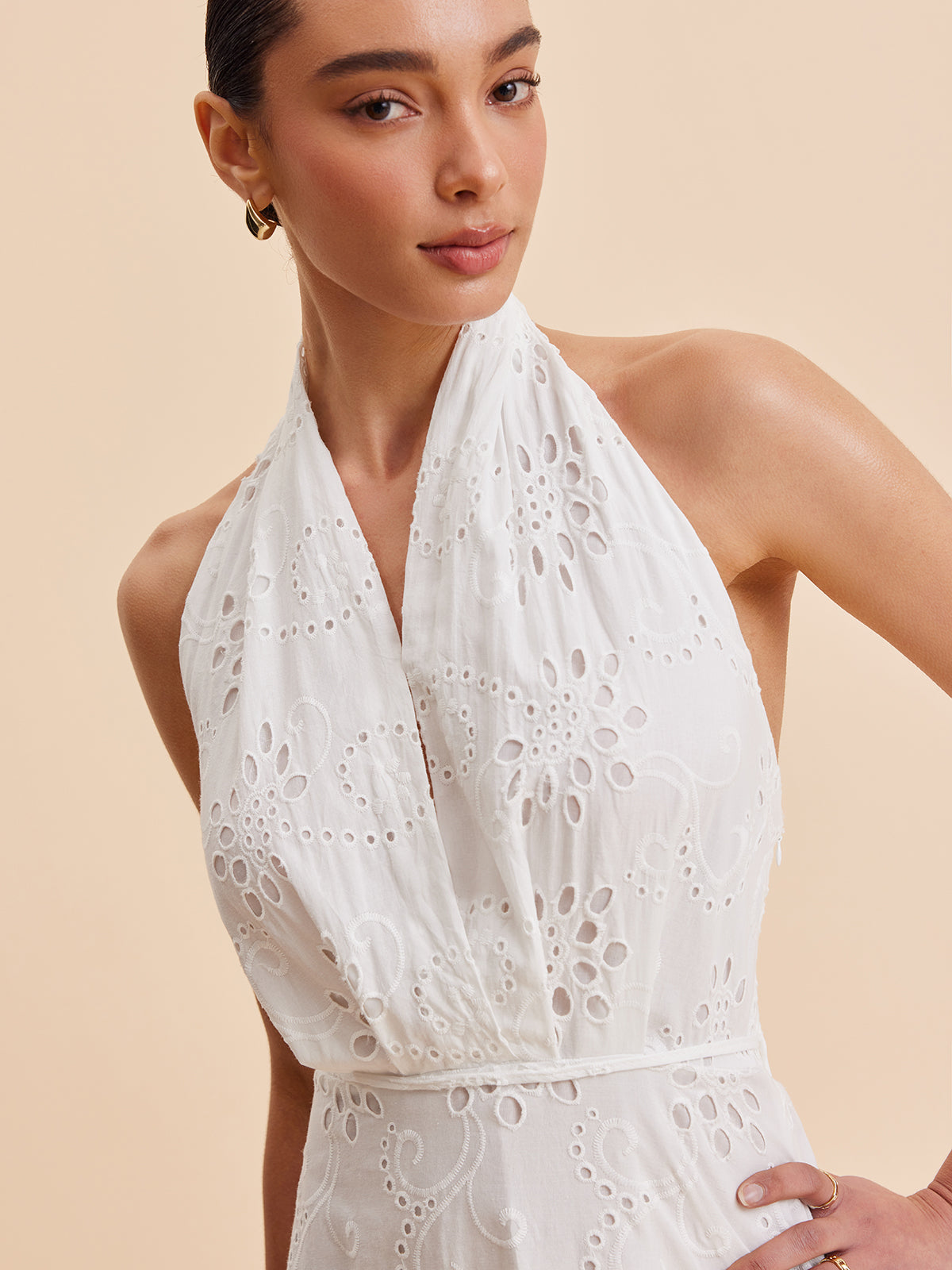 Halter Neck Eyelet Belted Midi Dress-Chicvia